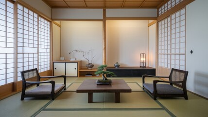 Minimalist Japanese-Inspired Living Room with Tatami Flooring and Bonsai
