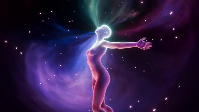 Spirit being flying around in the nebula Spiritual Awakening concept animation Soul experiencing Self Realization or Awakening