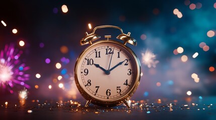 Classic alarm clock surrounded by festive fireworks