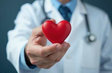 A young male doctor, cardiologist holds a red heart in his hands. The concept of heart disease. Medicine and healthcare, health care. Organ transplantation and donation, life insurance.