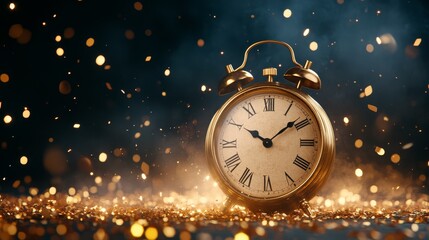 Vintage alarm clock surrounded by shimmering golden sparks