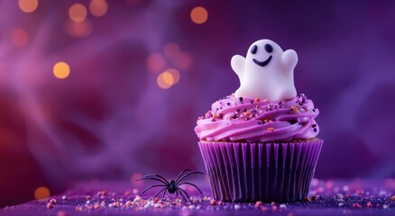 Halloween cupcake with ghost topper and spider decoration on purple background

