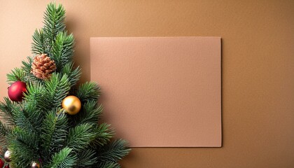 Text or logo empty copy space in vertical top view cardboard with natural eco decorated christmas tree pine.Xmas winter holiday season party social media card background