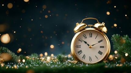 Vintage alarm clock surrounded by festive holiday decorations