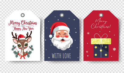 Christmas tags set with winter characters and elements. Happy celebrate xmas label, decorative elements.