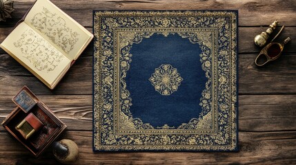 Elegant Blue Floral Carpet on Rustic Wooden Surface