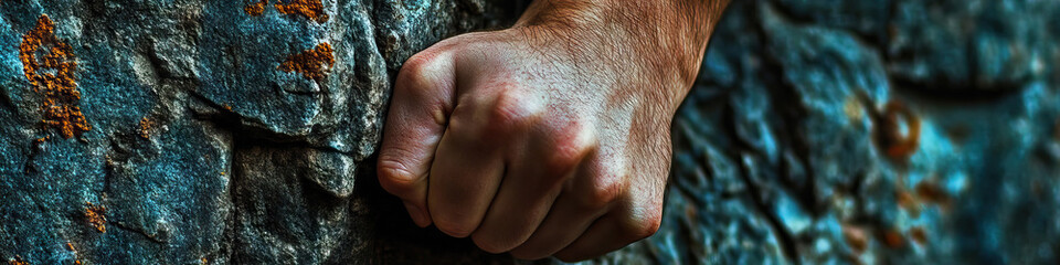 A hand grasping a rock, with cracks and scrapes showcasing its strength.