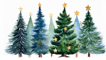 Obraz premium Watercolor fir trees with christmas stars isolated on white