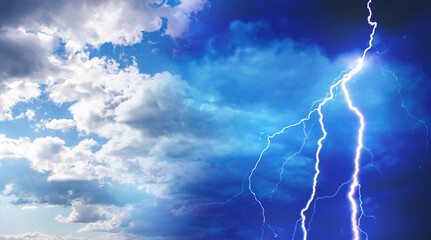 Cloudy and clear sky. Weather change. Contrasting climate. Sky with clouds and lightning. Sudden...