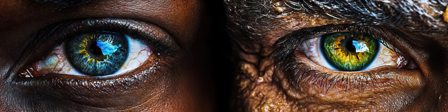 An intense eye contact between two individuals, conveying unwavering determination.