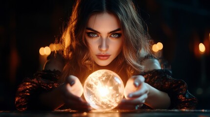 Enigmatic woman gazing into a glowing crystal ball