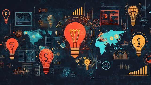 A cartoon-style drawing of various financial symbol, Business idea light bulb icons