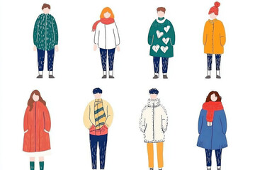 Illustration of diverse people in winter clothing, showcasing various styles and colors. Each person is uniquely dressed, highlighting individuality and fashion trends
