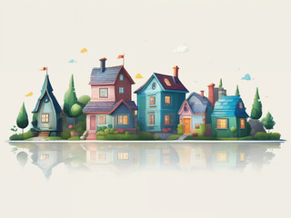 Obraz premium Generated cartoon illustration of line of houses, with isolated white background.