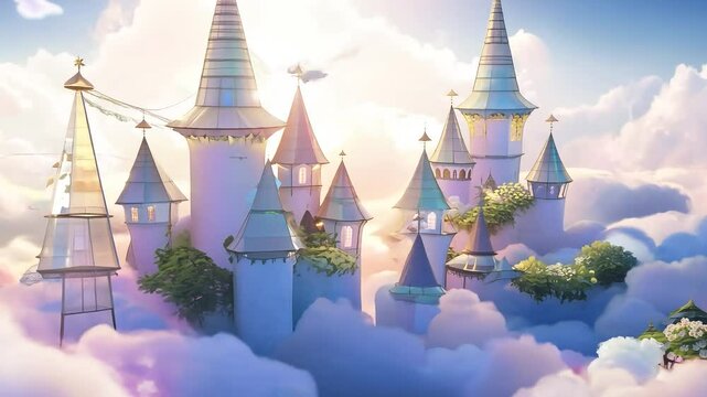 Ethereal Cloud Castles Castles built on clouds, with translucent walls and magical gardens floating in the sky