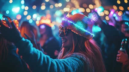 A vibrant party scene featuring a woman in a colorful hat, surrounded by a crowd with sparkling lights, embodying joy and celebration.