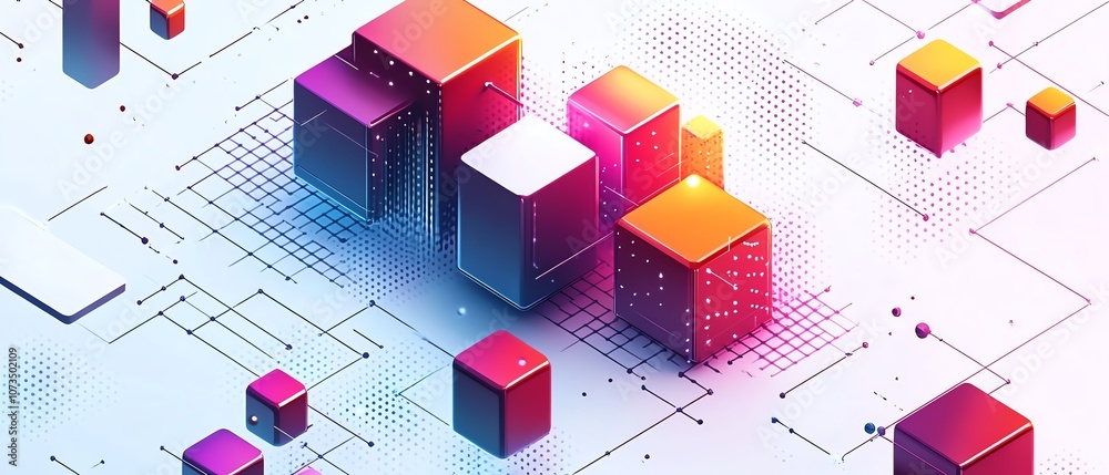 Poster Abstract isometric network in minimalist line art style, featuring colorful blocks and dots interconnected on a white background, conveying a sense of digital flow, Generative AI