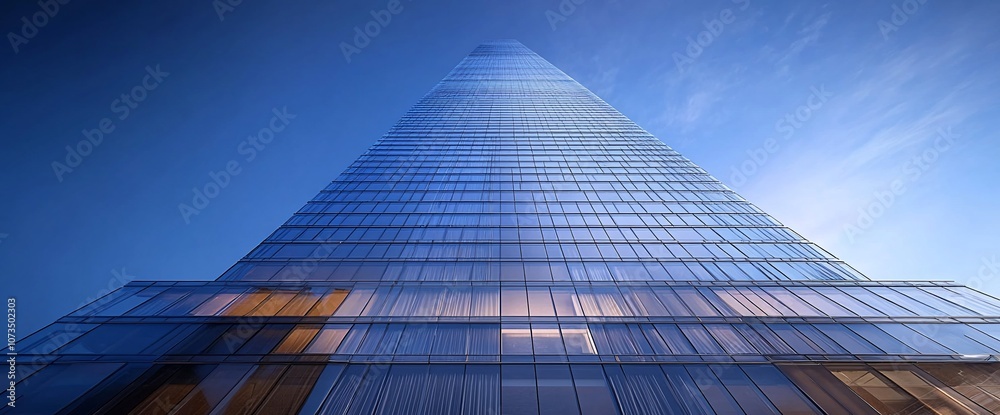 Aufkleber low angle view of a modern glass skyscraper reaching for the sky, with a blue sky and white clouds i