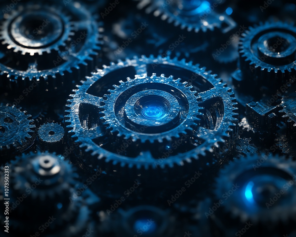 Aufkleber Blue abstract technology background featuring rotating gears and cogs, dark color palette evoking a sense of hightech precision and digital sophistication, Generative AI