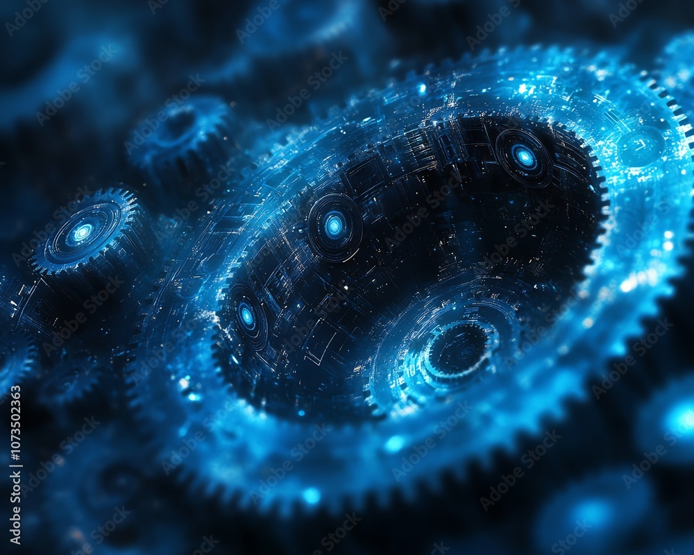 Aufkleber Blue abstract technology background featuring rotating gears and cogs, dark color palette evoking a sense of hightech precision and digital sophistication, Generative AI