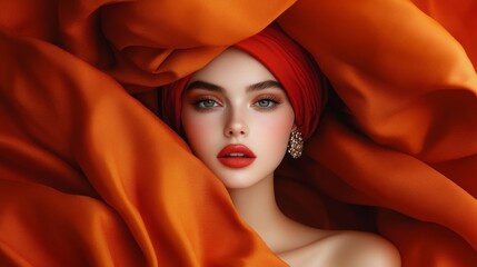 Elegant portrait of a woman with vibrant orange drapery