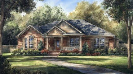 Quaint Brick Ranch-Style Home with Front Porch, Shutters, and Beautiful Landscaping
