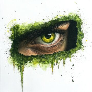 Green Watercolor Portrait of Person with Envious Stare