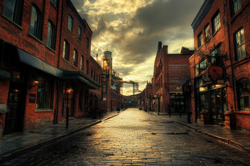 Obraz premium Historic Brick Street Under Dramatic Sky