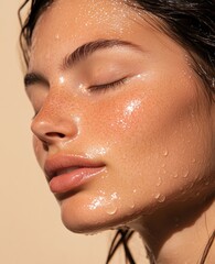 Fototapeta premium Close-up of freckled Caucasian female model, wet skin with glow