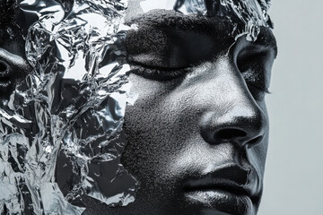 Close-up of a metallic-skinned sculpture or model with foil texture, evoking a futuristic and abstract theme.