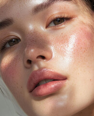 Close-up of freckled female Asian model face with glowing skin