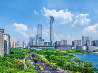 Naklejka premium Modern city commercial building landscape in Suzhou, China
