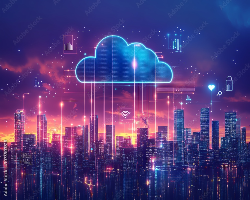 Poster cloud with surrounding digital icons, floating over a modern cityscape, illustrating the integration
