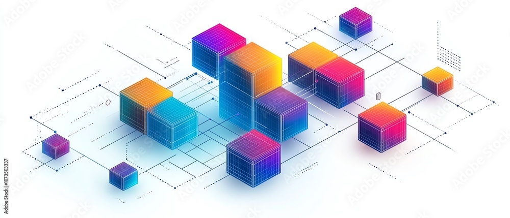 Poster Colorful isometric network with blocks and dots in minimalist line art style, connected by lines on a white background, modern abstract design, Generative AI