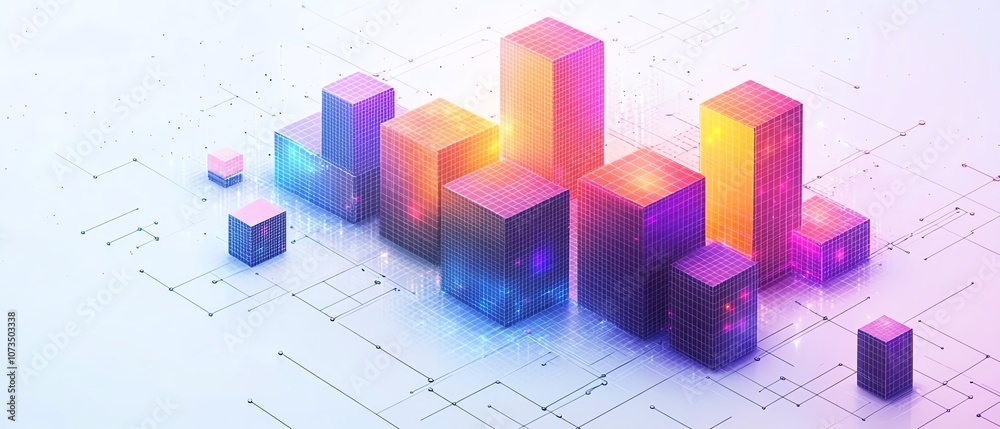 Poster Colorful isometric network with blocks and dots in minimalist line art style, connected by lines on a white background, modern abstract design, Generative AI