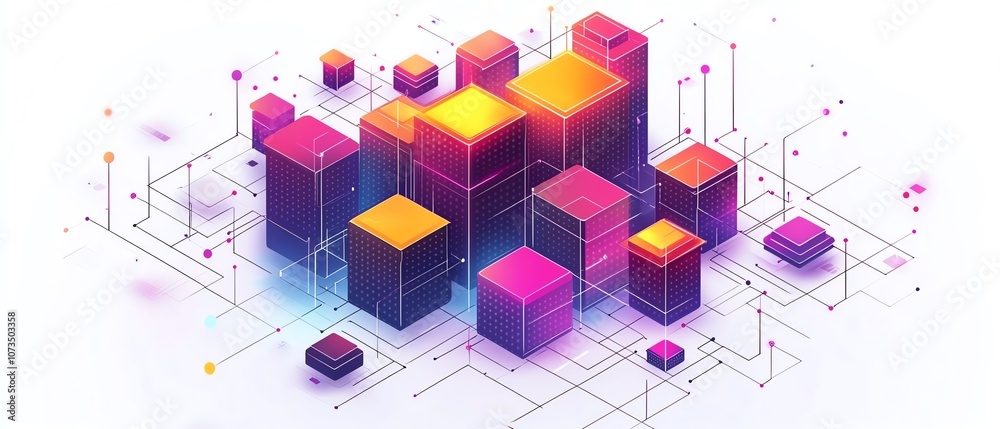 Aufkleber Colorful isometric network with blocks and dots in minimalist line art style, connected by lines on a white background, modern abstract design, Generative AI