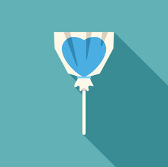 Heart shaped lollipop with blue candy wrapped in cellophane, isolated on a turquoise background, representing love, sweetness, and treats