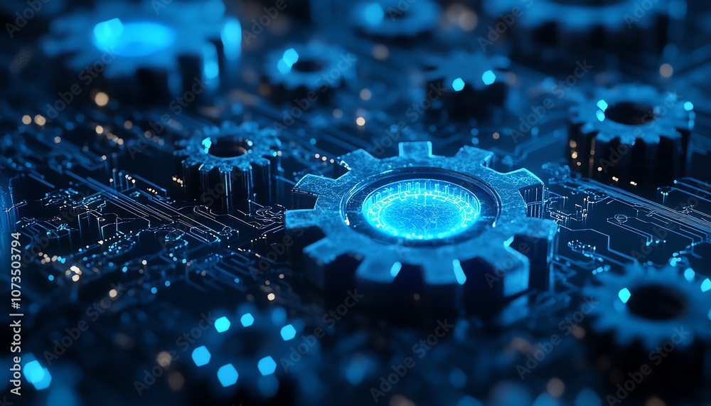Poster digital techinspired abstract background in blue, with glowing gears and cogs, dark color palette cr