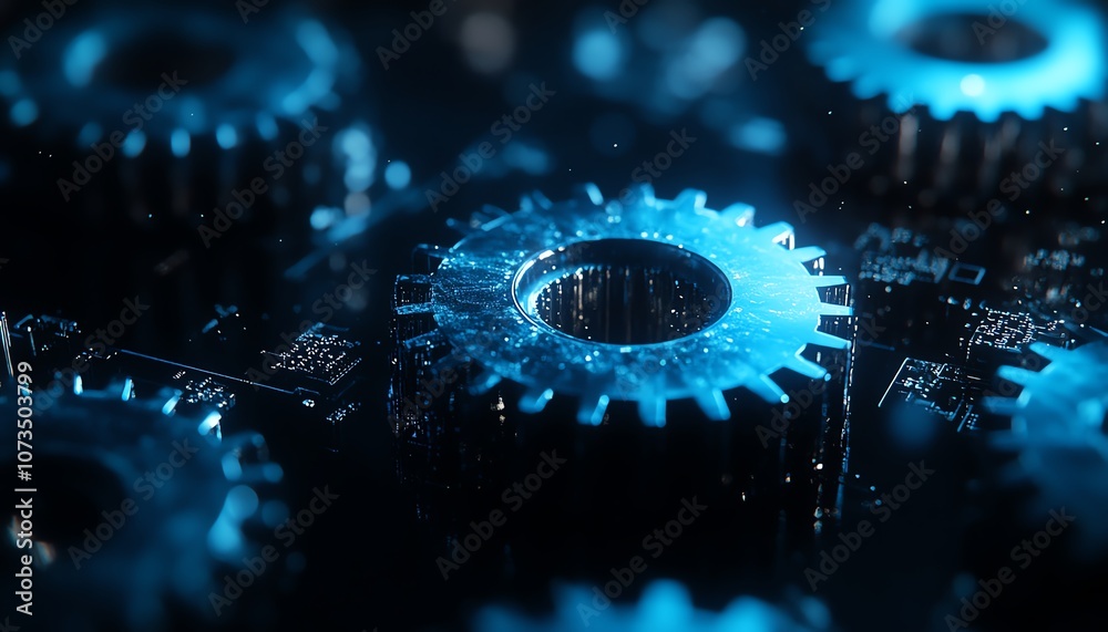 Poster digital techinspired abstract background in blue, with glowing gears and cogs, dark color palette cr