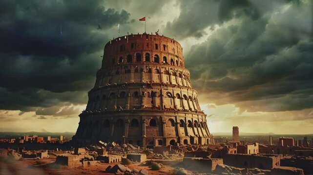 Tower of babel in the middle of the city, 4K seamless looping virtual video animation background