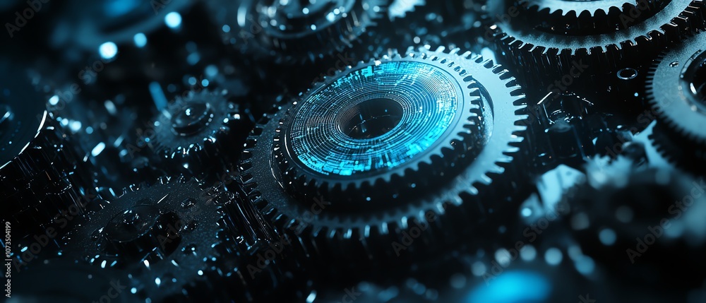 Poster futuristic abstract background with blue digital technology elements, gears and cogs in motion, dark