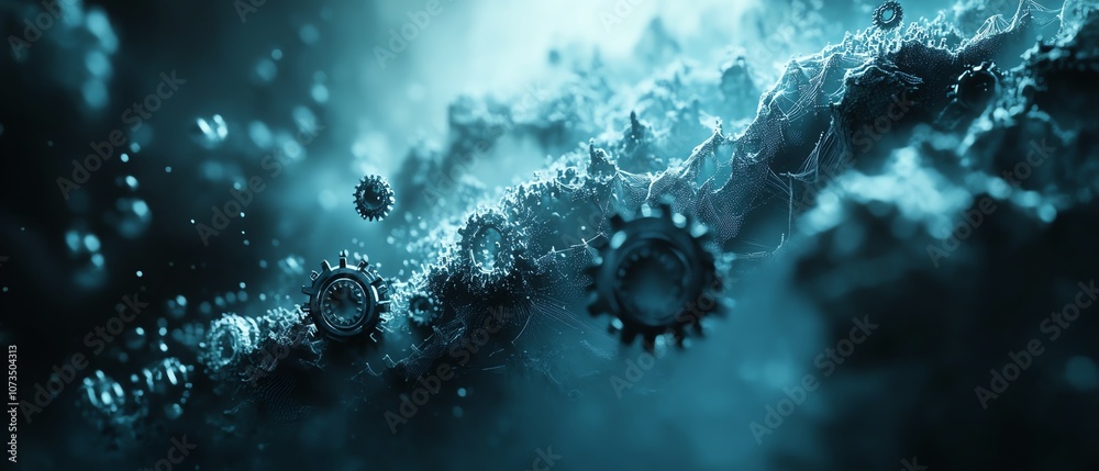 Aufkleber Futuristic abstract background with blue digital technology elements, gears and cogs in motion, dark color tones creating a sense of depth and complexity, Generative AI