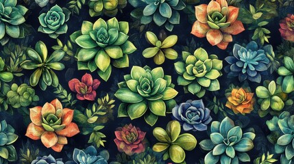 Fototapeta premium Vibrant succulent garden pattern with various colors and textures 