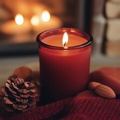 Christmas Still Life with Candles and Winter Decor in Warm Fireside Palette &ndash; Mulled Wine Red, Chestnut Brown, and Ember Orange