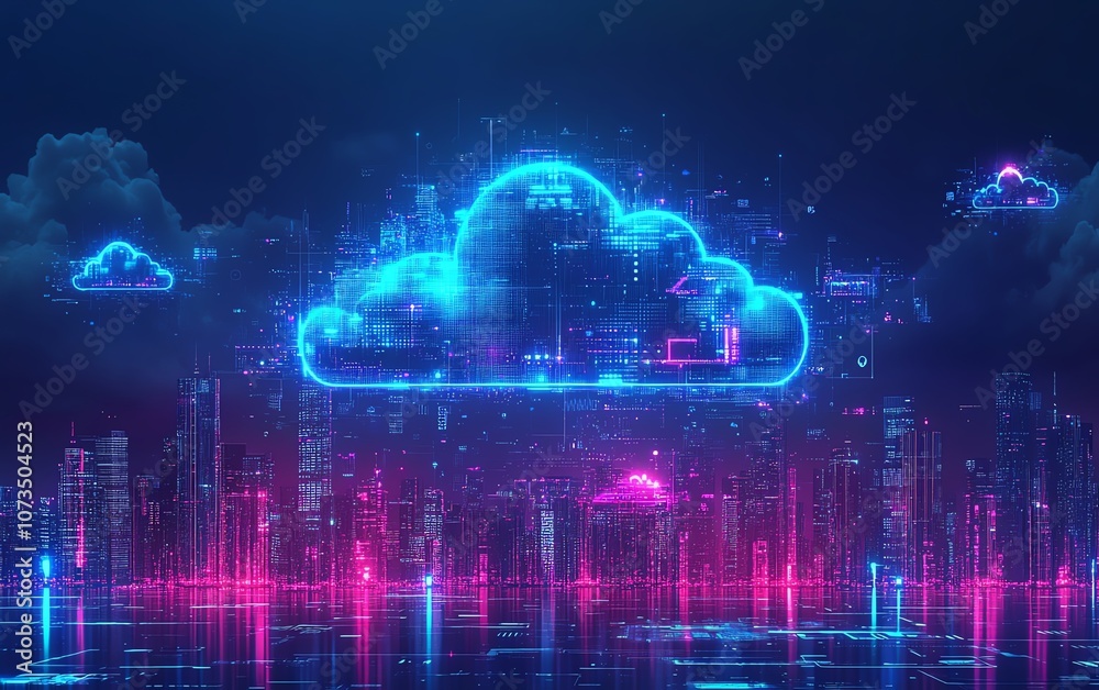 Poster futuristic cloud surrounded by vibrant digital icons, hovering over an urban city skyline, symbolizi