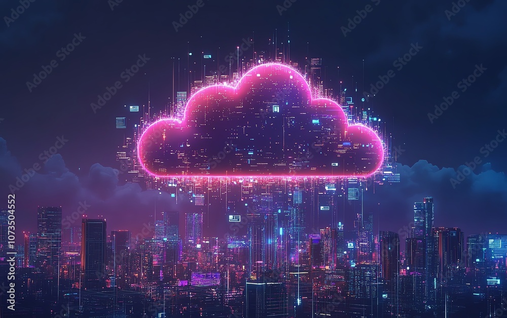 Poster futuristic cloud surrounded by vibrant digital icons, hovering over an urban city skyline, symbolizi