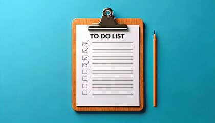 3D mockup white blank paper with layout for to do list note on clipboard and pencil on pale blue background