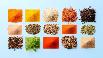 Visually captivating flat lay composition featuring a vibrant geometric arrangement of colorful spices herbs and seasonings