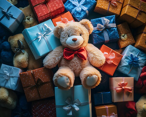 A collection of gift boxes with a plush teddy bear in the center, celebrating Safe Toys Month