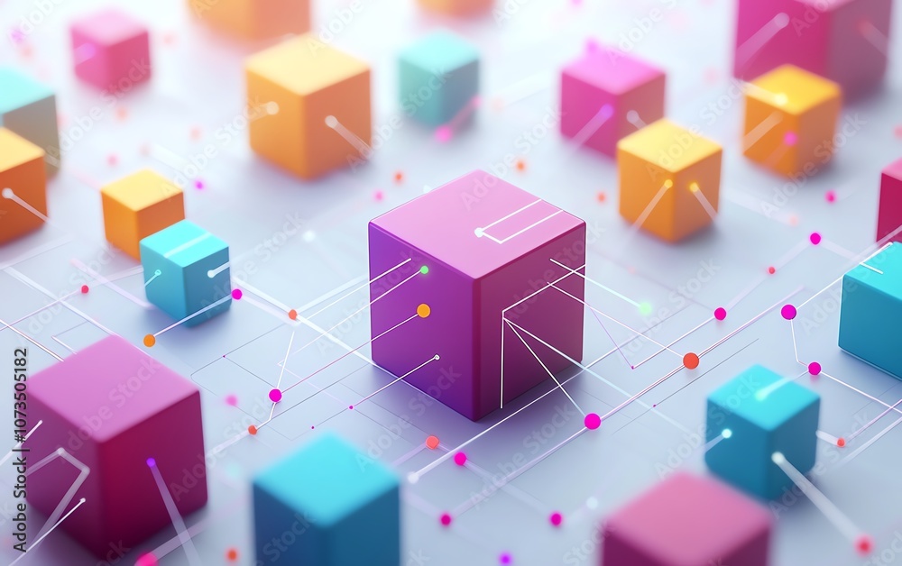 Leinwandbilder minimalist isometric network with vibrant blocks and dots connected by thin lines, set against a whi